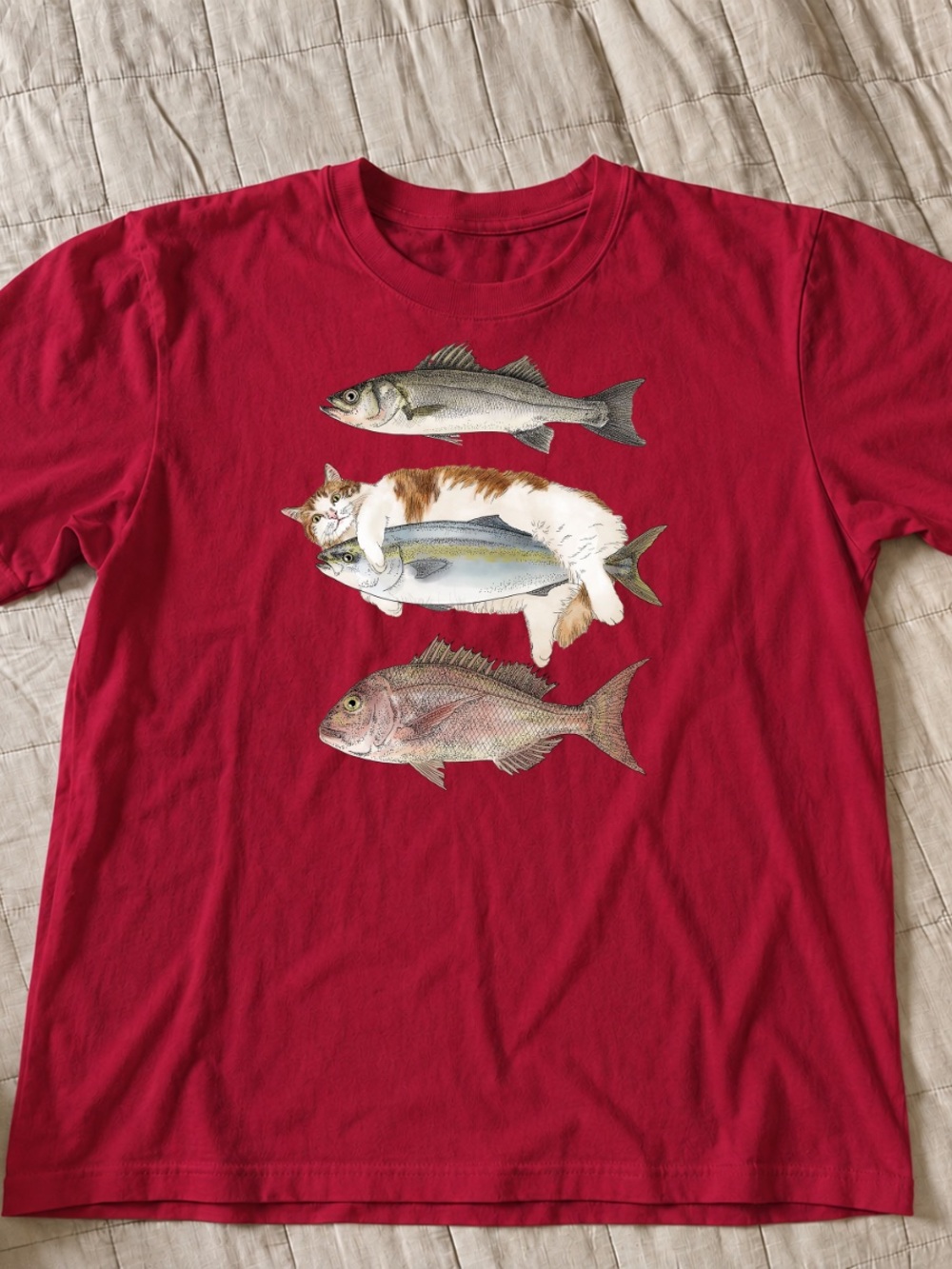 Gildan Antique CherryRed Short Sleeve Tee with Cat Hugging Fish Graphic